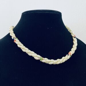 Vintage Braided Rice Seed Faux Pearls Pink Coral Green Glass Beads Necklace 18”